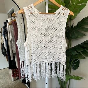 🤍✨ White Shyanne Crochet Fringe Sleeveless Top Sz XL | Western Boho Cotton Blend